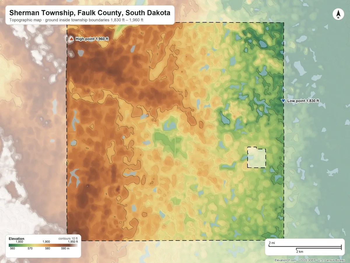 Topographic elevation map of Sherman Township, Faulk County, South Dakota, shaded from 1,830 ft on the east side to 1,960 ft on the northwest side