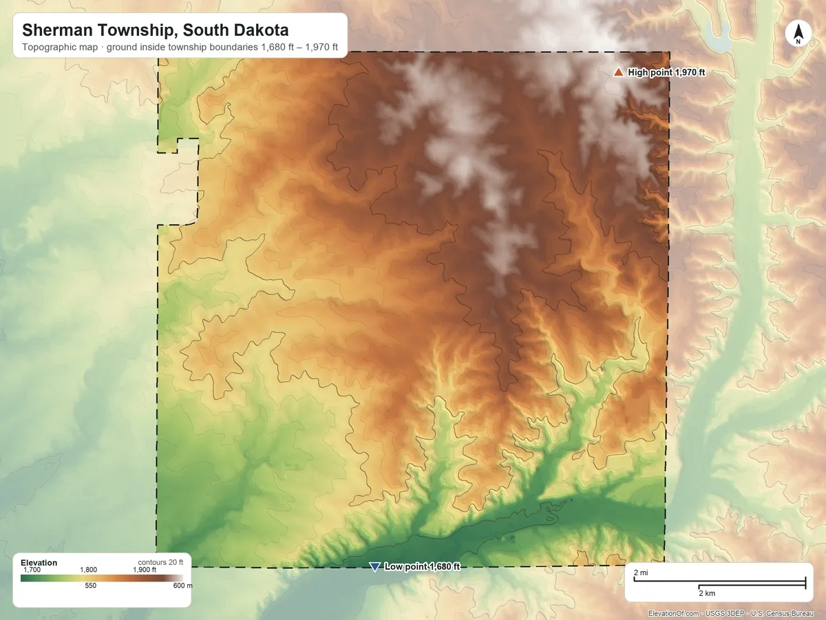 Topographic elevation map of Sherman Township, South Dakota, shaded from 1,680 ft on the southwest side to 1,970 ft on the northeast side