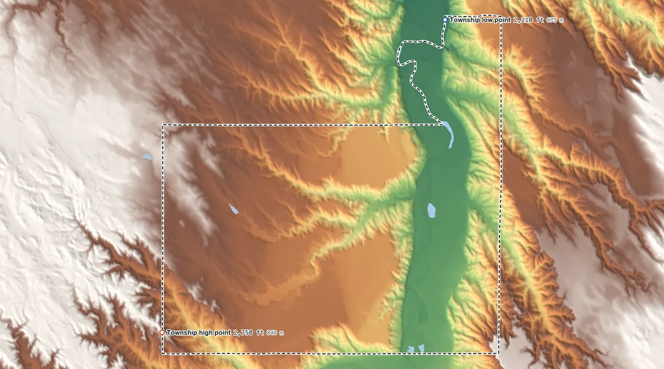 Topographic elevation map of Shyne Township, South Dakota, shaded from 2,210 ft on the north side to 2,750 ft on the west side