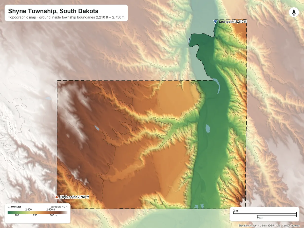Topographic elevation map of Shyne Township, South Dakota, shaded from 2,210 ft on the north side to 2,750 ft on the west side