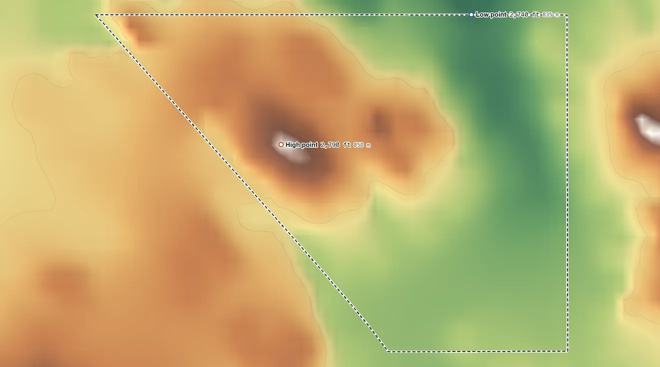 Topographic elevation map of Sicangu Village, South Dakota, shaded from 2,740 ft on the north side to 2,790 ft on the west side
