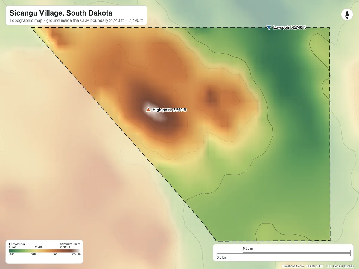 Topographic elevation map of Sicangu Village, South Dakota, shaded from 2,740 ft on the north side to 2,790 ft on the west side