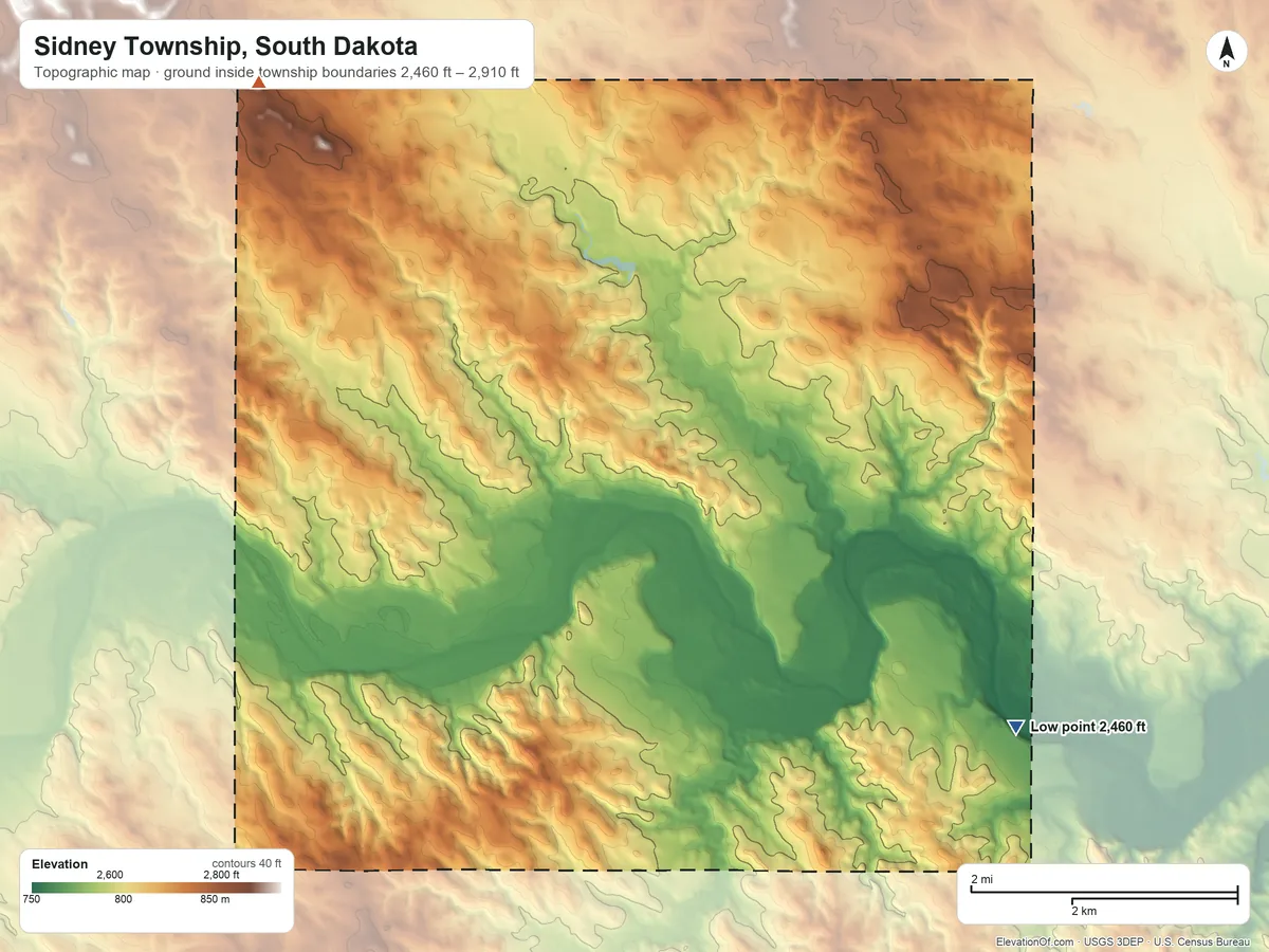 Topographic elevation map of Sidney Township, South Dakota, shaded from 2,460 ft on the southeast side to 2,910 ft on the west side