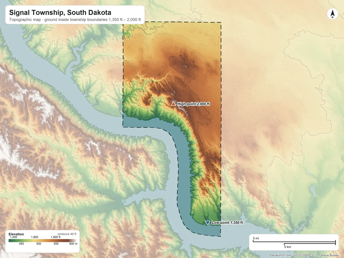 Topographic elevation map of Signal Township, South Dakota, shaded from 1,350 ft on the south side to 2,000 ft on the southeast side