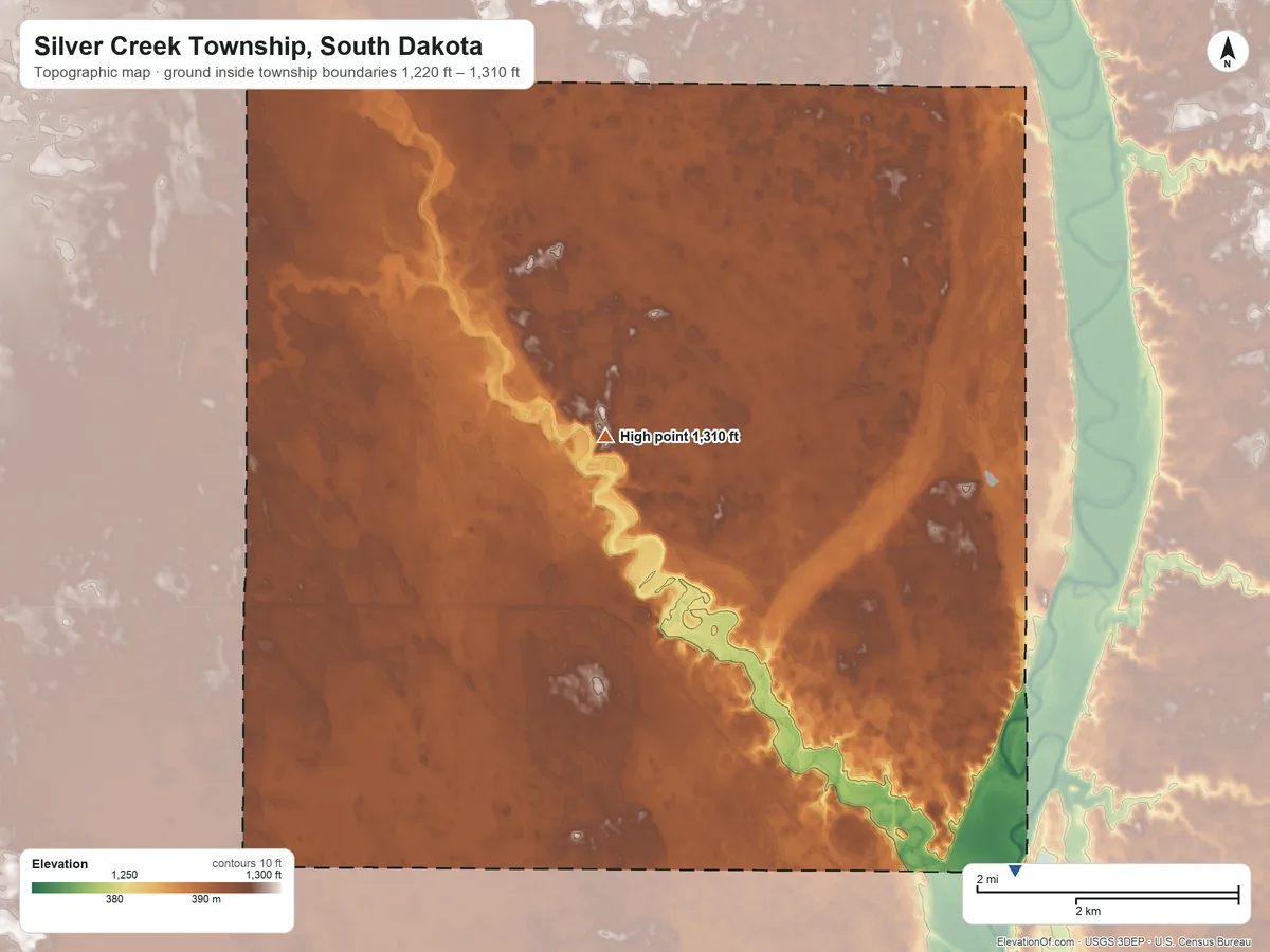 Topographic elevation map of Silver Creek Township, South Dakota, shaded from 1,220 ft on the southeast side to 1,310 ft on the north side
