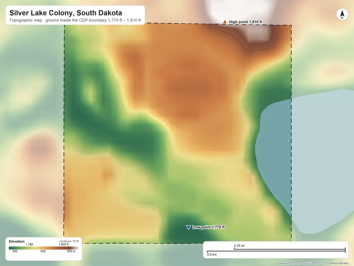 Topographic elevation map of Silver Lake Colony, South Dakota, shaded from 1,770 ft on the south side to 1,810 ft on the northeast side
