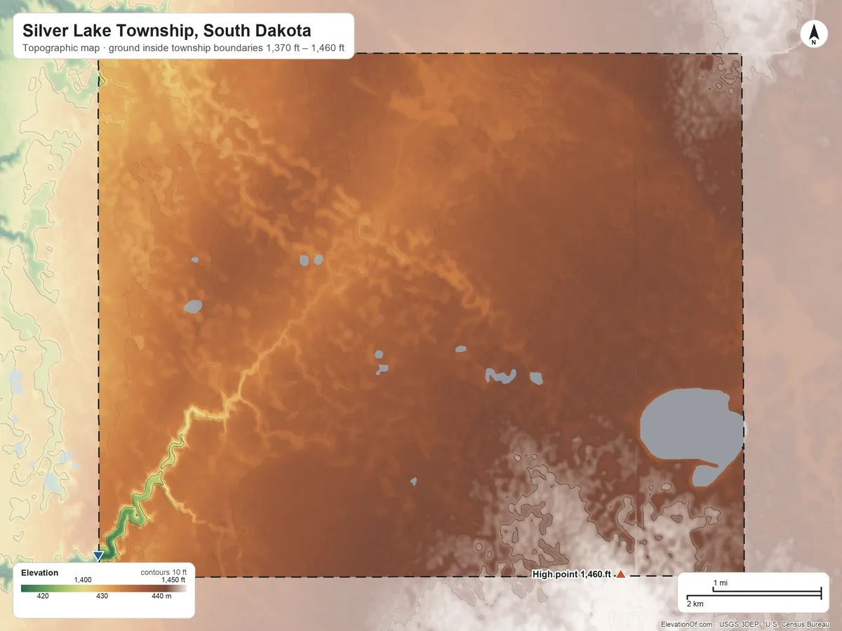Topographic elevation map of Silver Lake Township, South Dakota, shaded from 1,370 ft on the west side to 1,460 ft on the southeast side