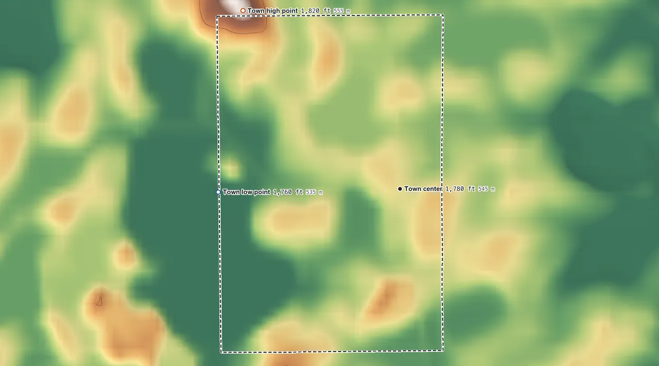 Topographic elevation map of Sinai, South Dakota, shaded from 1,760 ft on the west side to 1,820 ft on the northwest side
