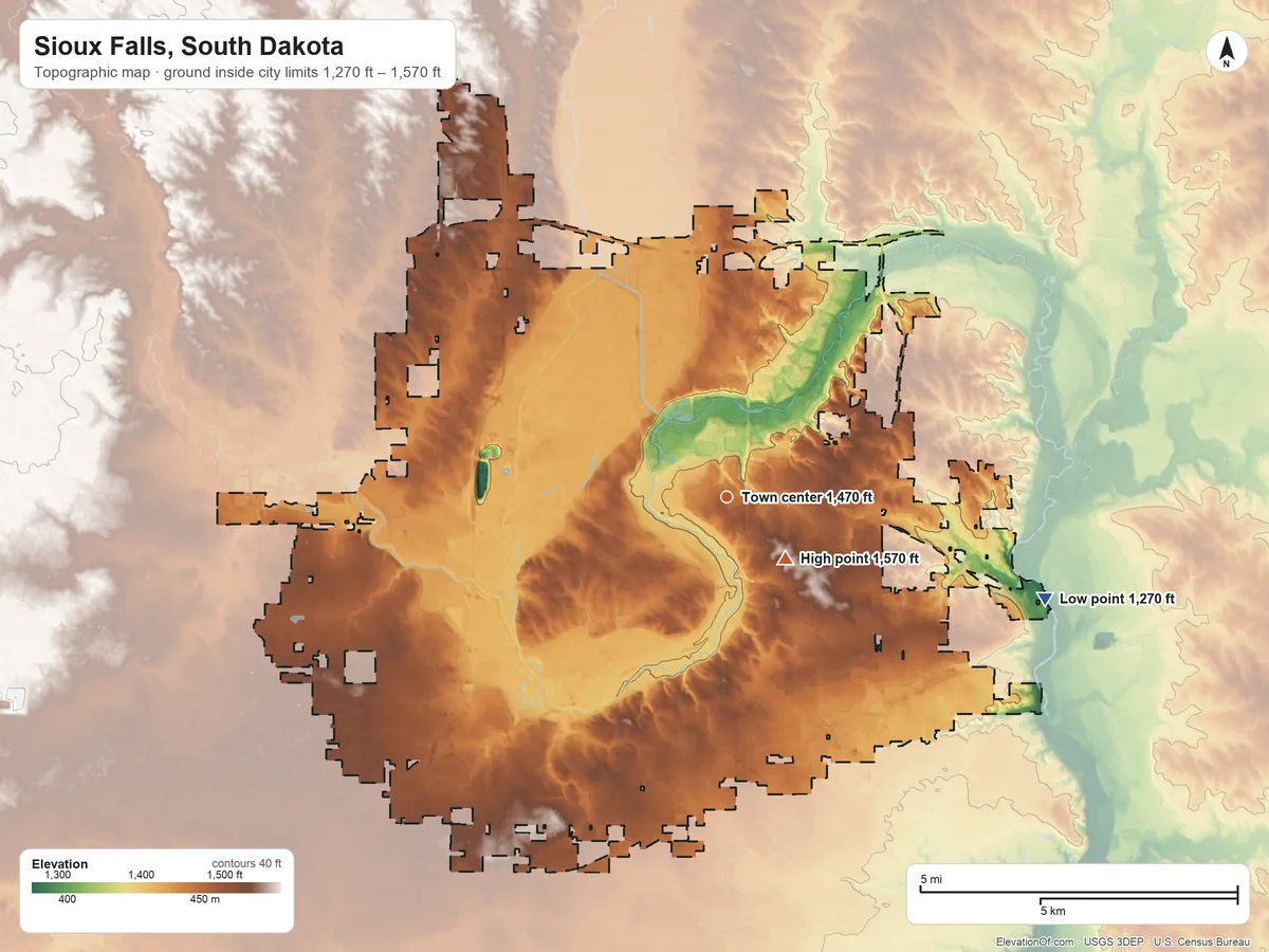 Topographic elevation map of Sioux Falls, South Dakota, shaded from 1,270 ft on the east side to 1,570 ft near the middle
