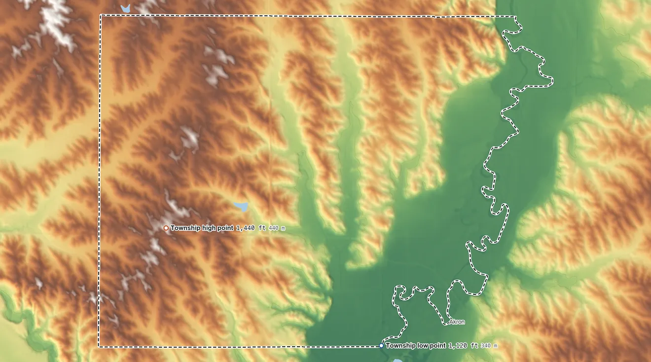 Topographic elevation map of Sioux Valley Township, South Dakota, shaded from 1,120 ft on the southeast side to 1,440 ft on the southwest side