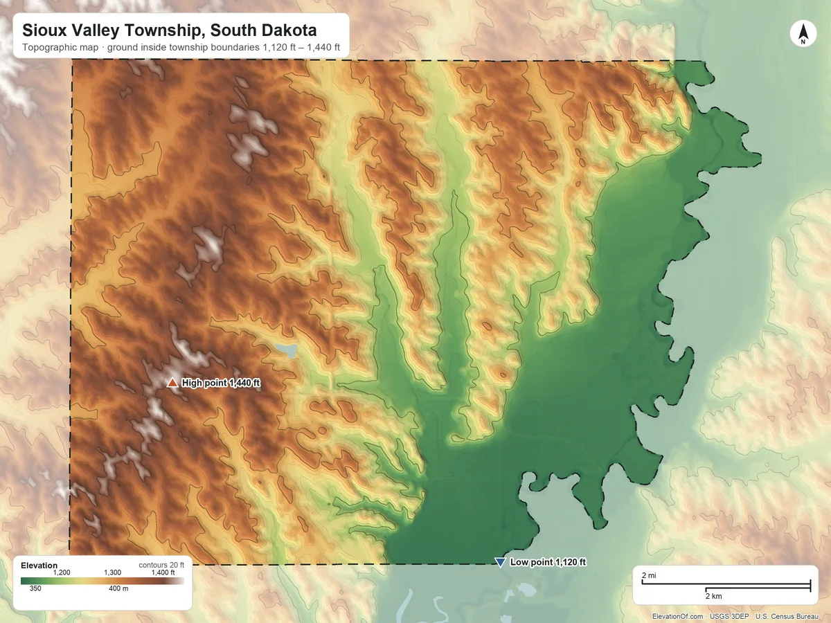 Topographic elevation map of Sioux Valley Township, South Dakota, shaded from 1,120 ft on the southeast side to 1,440 ft on the southwest side
