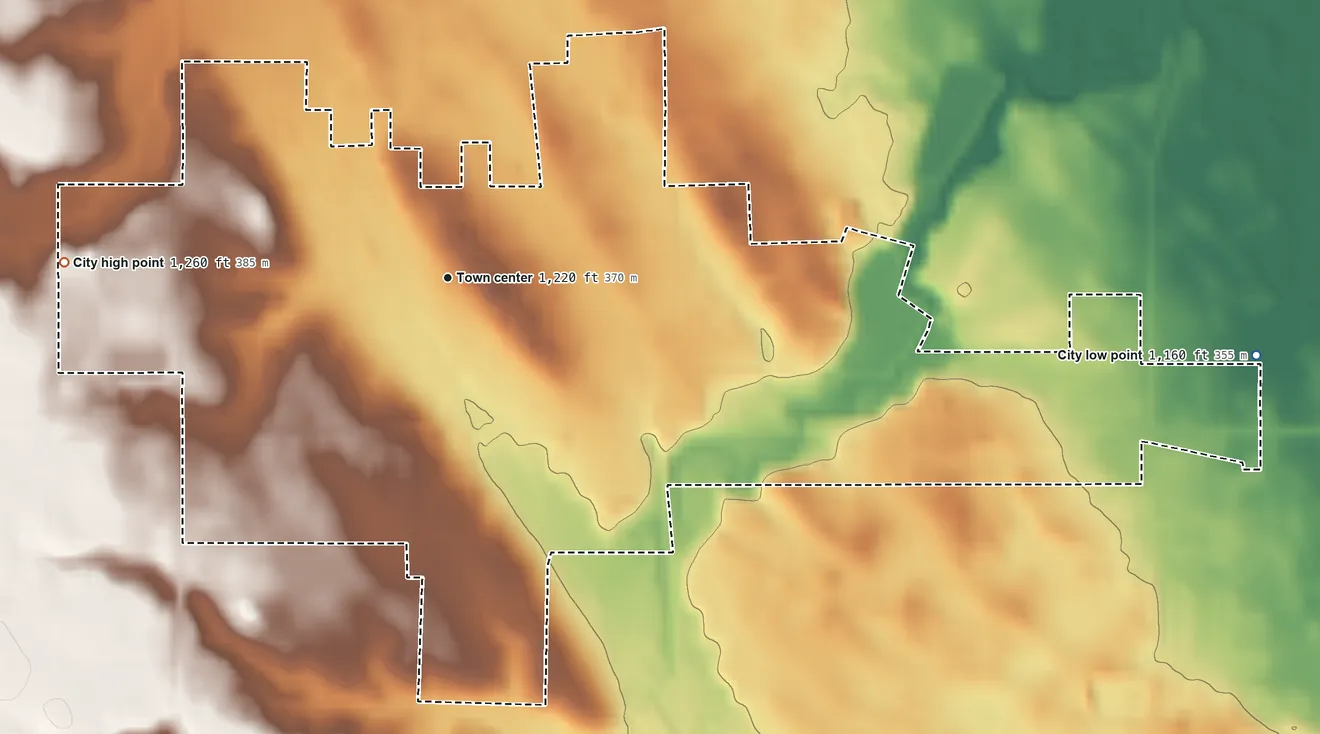Topographic elevation map of Sisseton, South Dakota, shaded from 1,160 ft on the east side to 1,260 ft on the west side