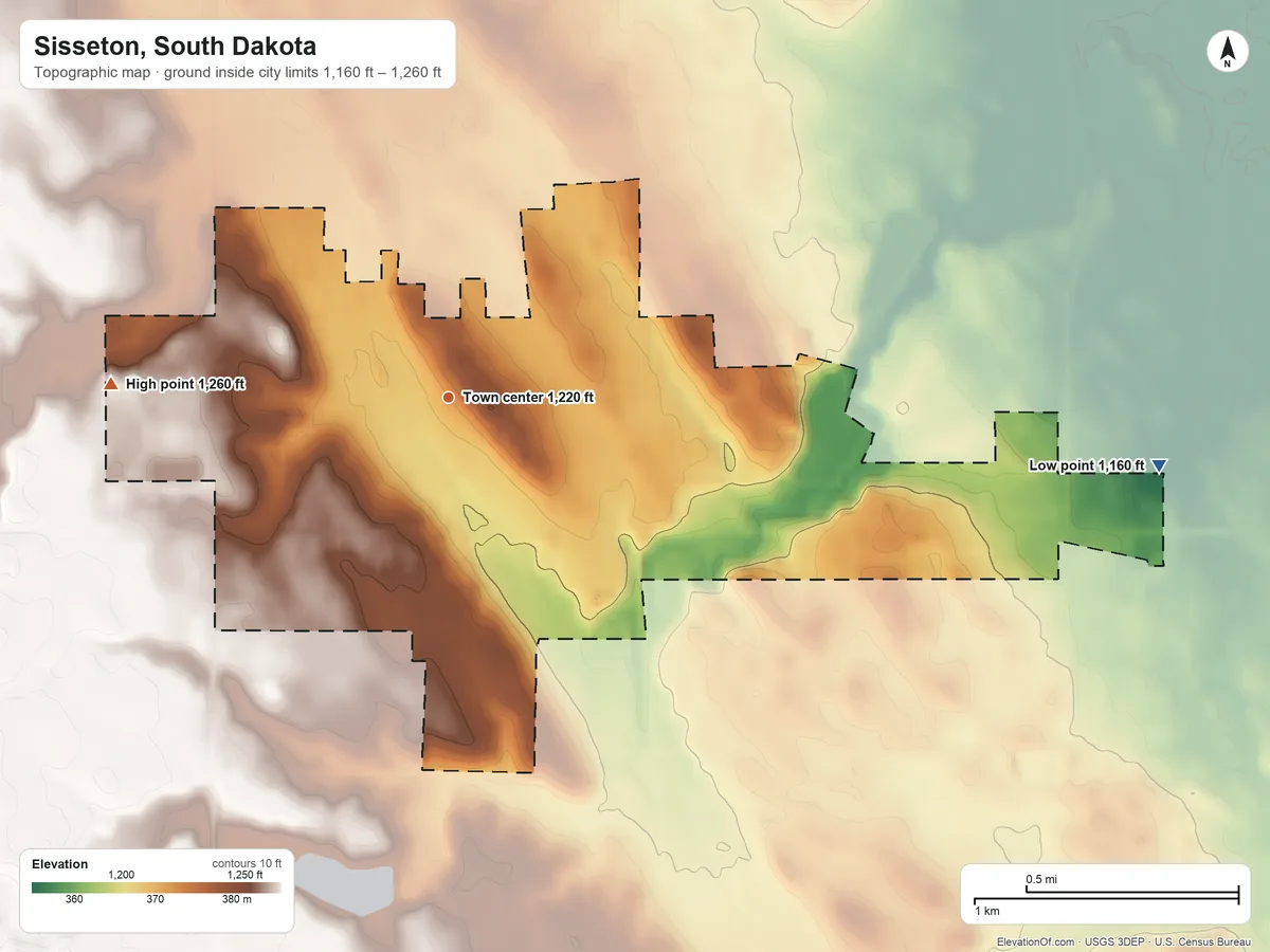 Topographic elevation map of Sisseton, South Dakota, shaded from 1,160 ft on the east side to 1,260 ft on the west side