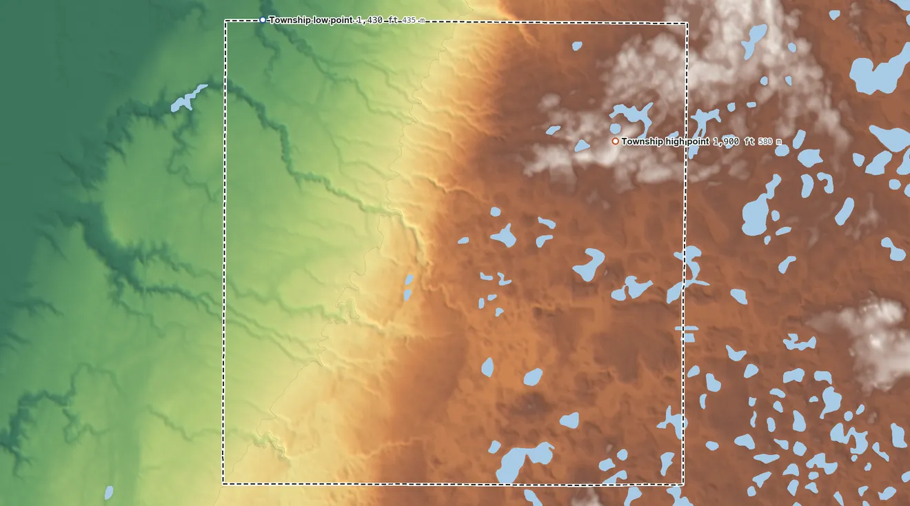 Topographic elevation map of Sisseton Township, Marshall County, South Dakota, shaded from 1,430 ft on the north side to 1,900 ft on the east side