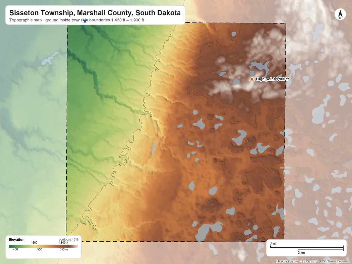 Topographic elevation map of Sisseton Township, Marshall County, South Dakota, shaded from 1,430 ft on the north side to 1,900 ft on the east side