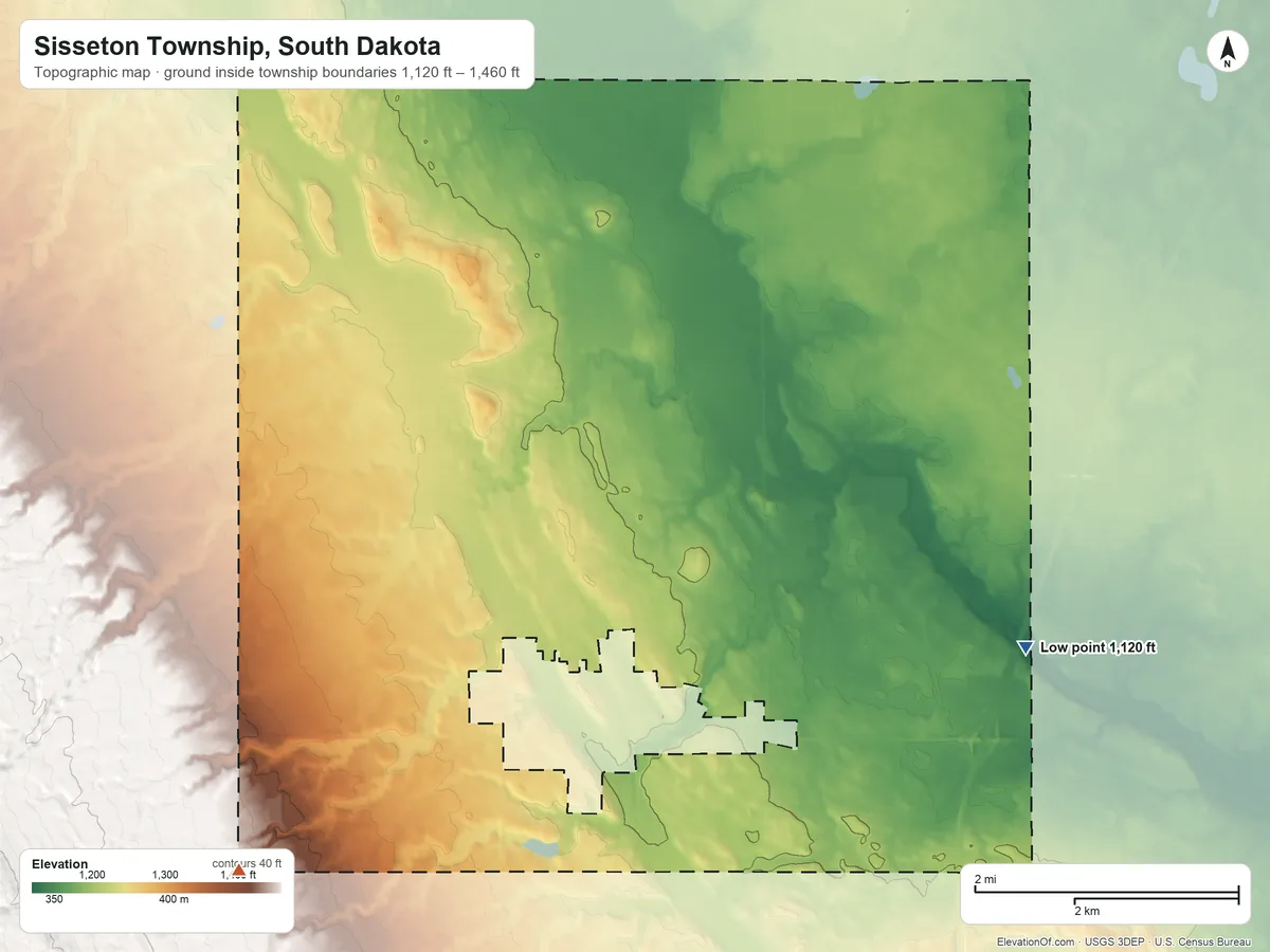 Topographic elevation map of Sisseton Township, South Dakota, shaded from 1,120 ft on the east side to 1,460 ft on the southwest edge, below higher ground just outside