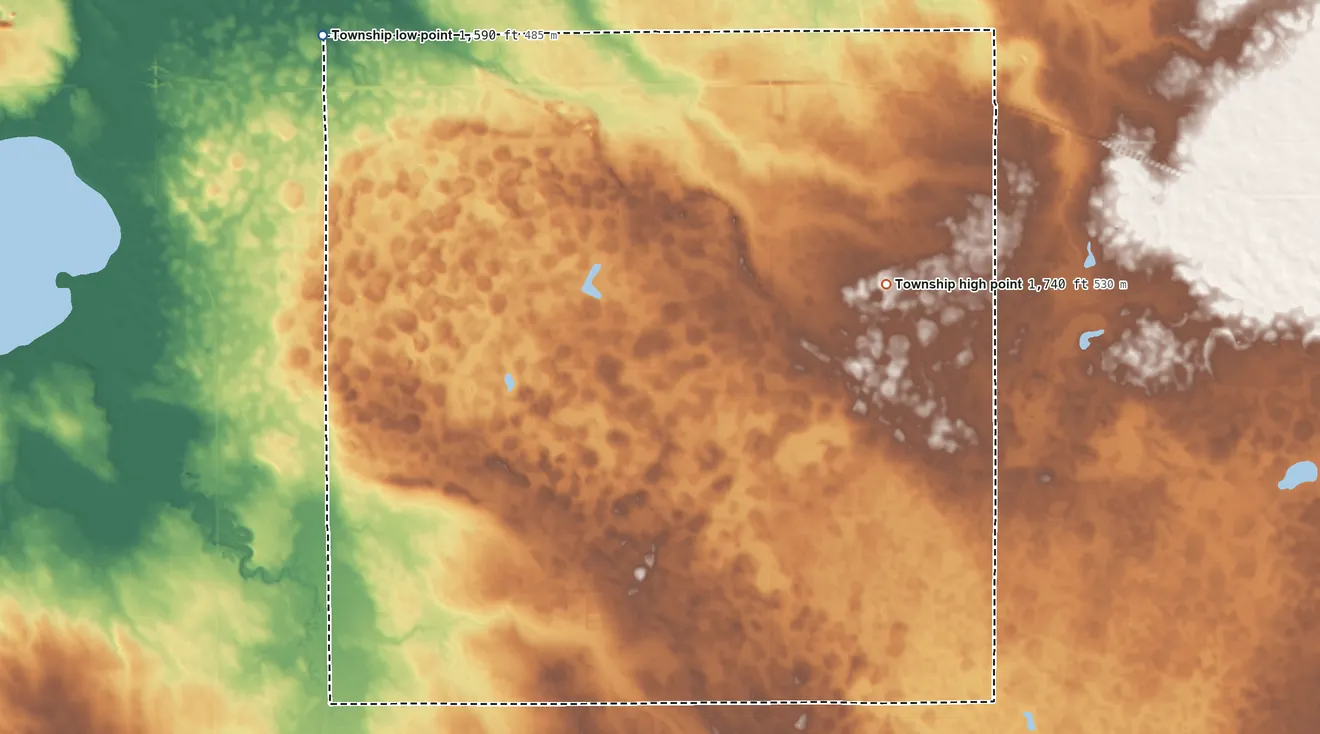 Topographic elevation map of Smith Township, South Dakota, shaded from 1,590 ft on the northwest side to 1,740 ft near the middle