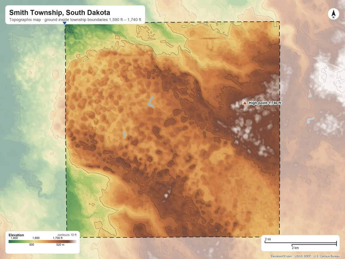 Topographic elevation map of Smith Township, South Dakota, shaded from 1,590 ft on the northwest side to 1,740 ft near the middle