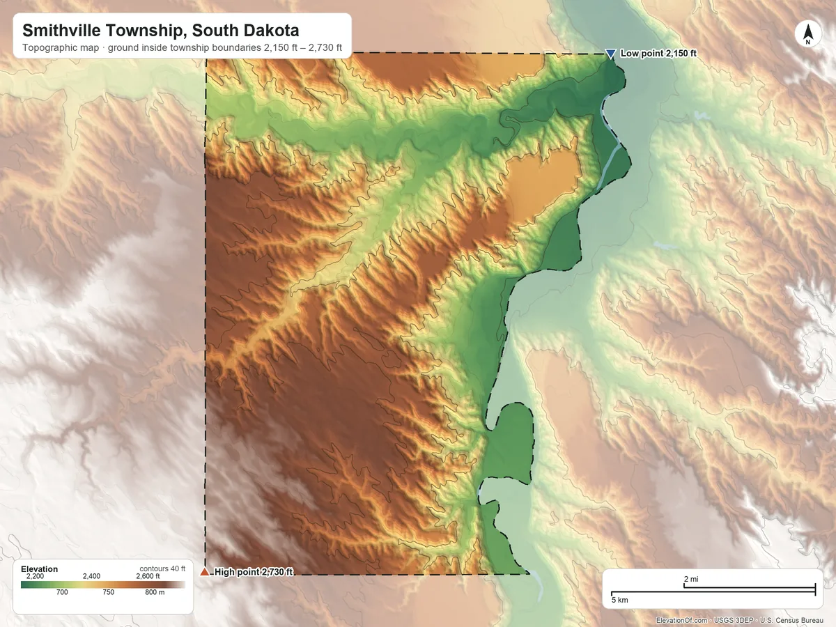 Topographic elevation map of Smithville Township, South Dakota, shaded from 2,150 ft on the northeast side to 2,730 ft on the south side