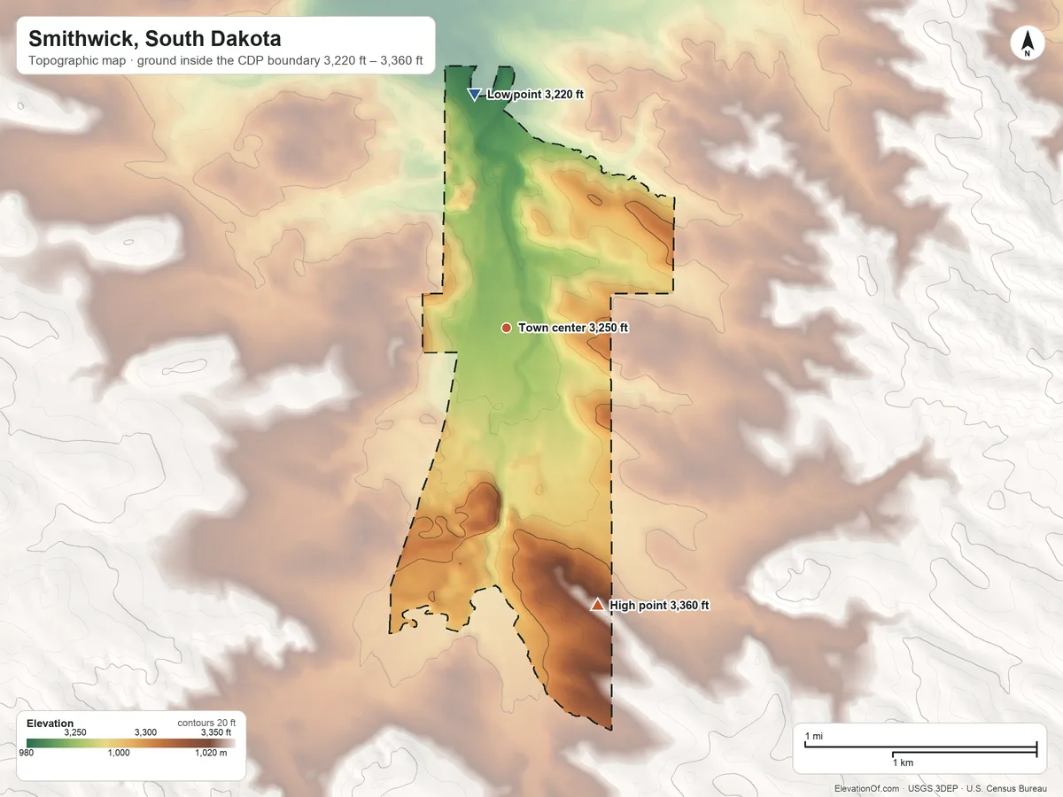 Topographic elevation map of Smithwick, South Dakota, shaded from 3,220 ft on the north side to 3,360 ft on the south side
