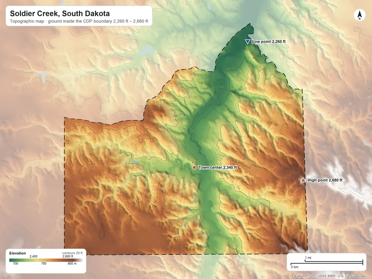 Topographic elevation map of Soldier Creek, South Dakota, shaded from 2,260 ft on the northeast side to 2,680 ft on the east side