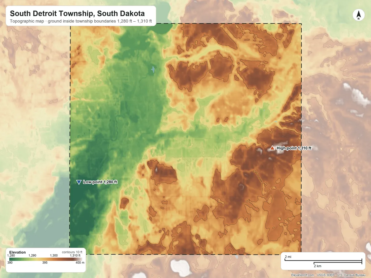 Topographic elevation map of South Detroit Township, South Dakota, shaded from 1,280 ft on the southwest side to 1,310 ft on the east side