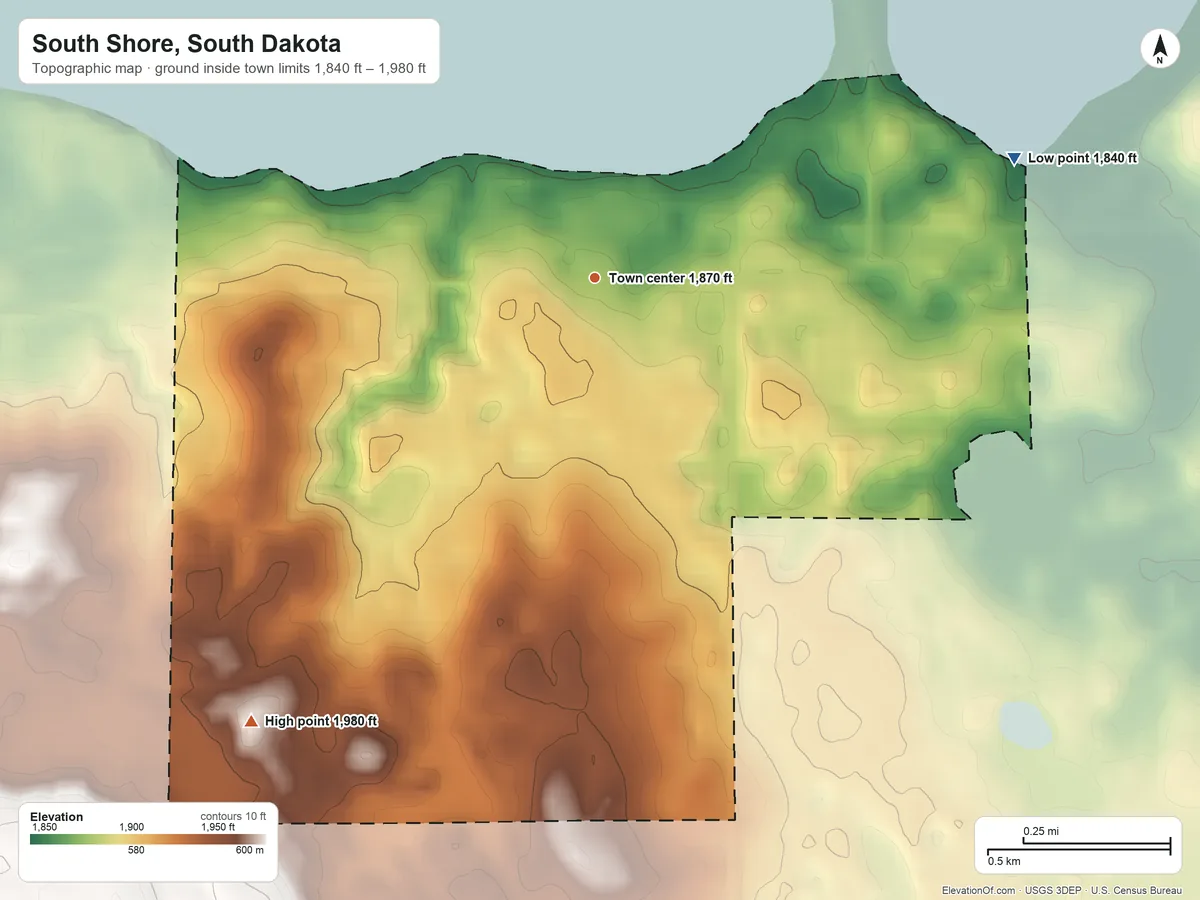 Topographic elevation map of South Shore, South Dakota, shaded from 1,840 ft on the east side to 1,980 ft on the southwest side