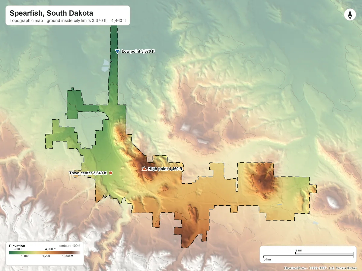 Topographic elevation map of Spearfish, South Dakota, shaded from 3,370 ft on the north side to 4,460 ft on Lookout Peak