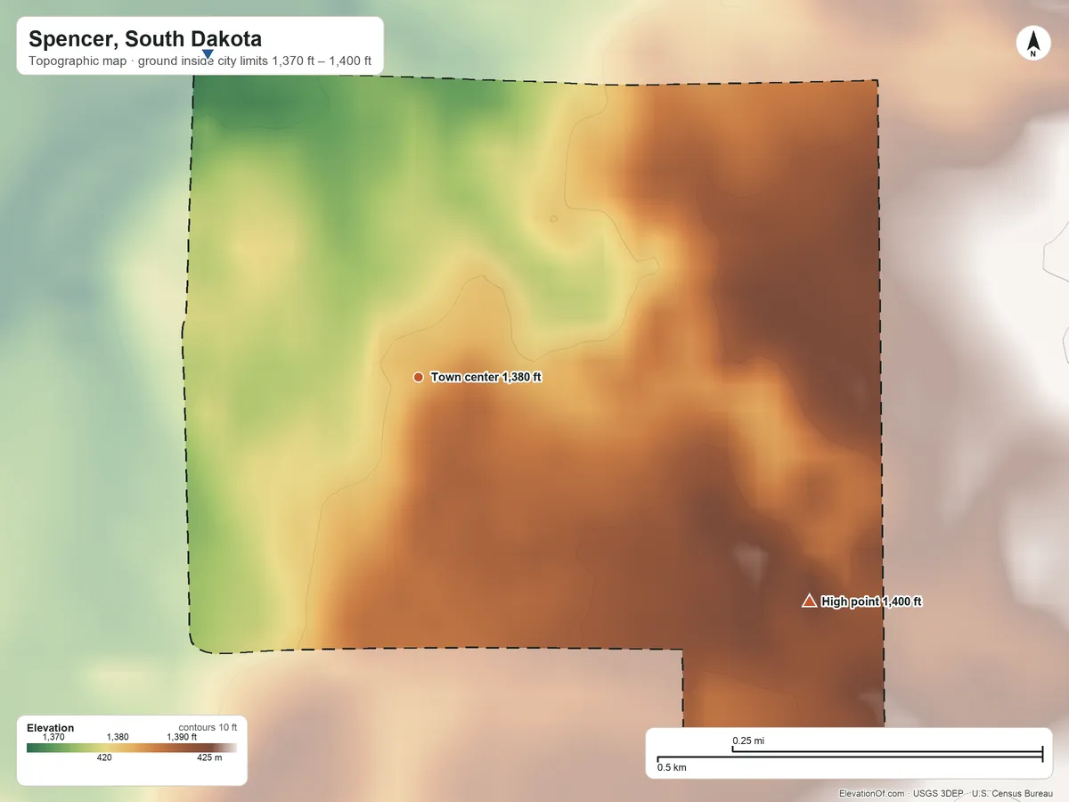 Topographic elevation map of Spencer, South Dakota, shaded from 1,370 ft on the northwest side to 1,400 ft on the southeast side