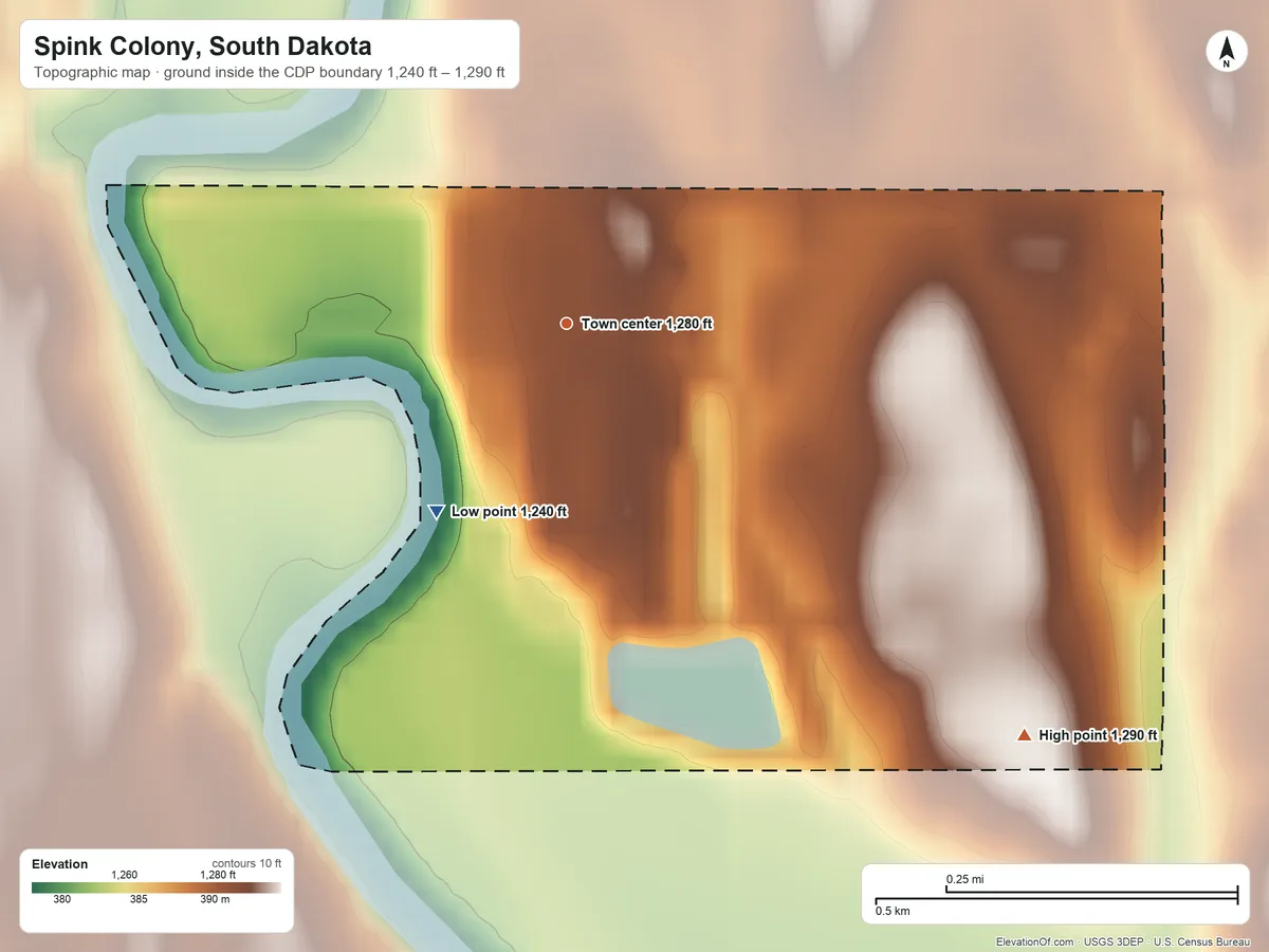 Topographic elevation map of Spink Colony, South Dakota, shaded from 1,240 ft on the southwest side to 1,290 ft on the southeast side