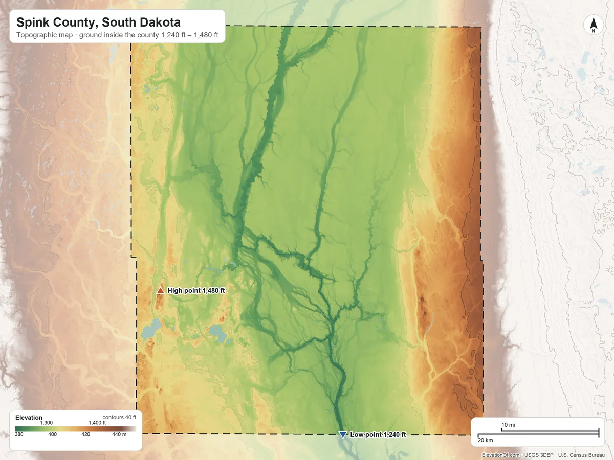 Topographic elevation map of Spink County, South Dakota, shaded from 1,240 ft on the south side to 1,480 ft on Bald Mountain