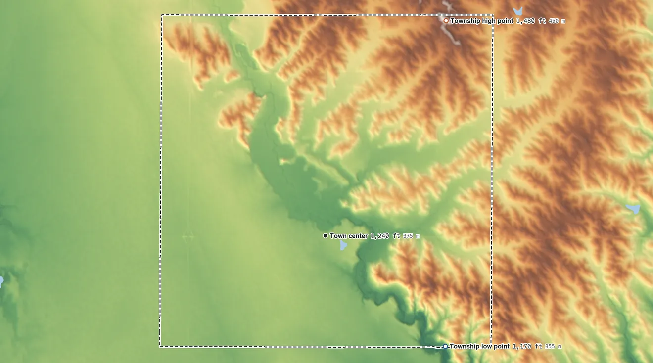Topographic elevation map of Spink Township, South Dakota, shaded from 1,170 ft on the southeast side to 1,480 ft on the northeast side