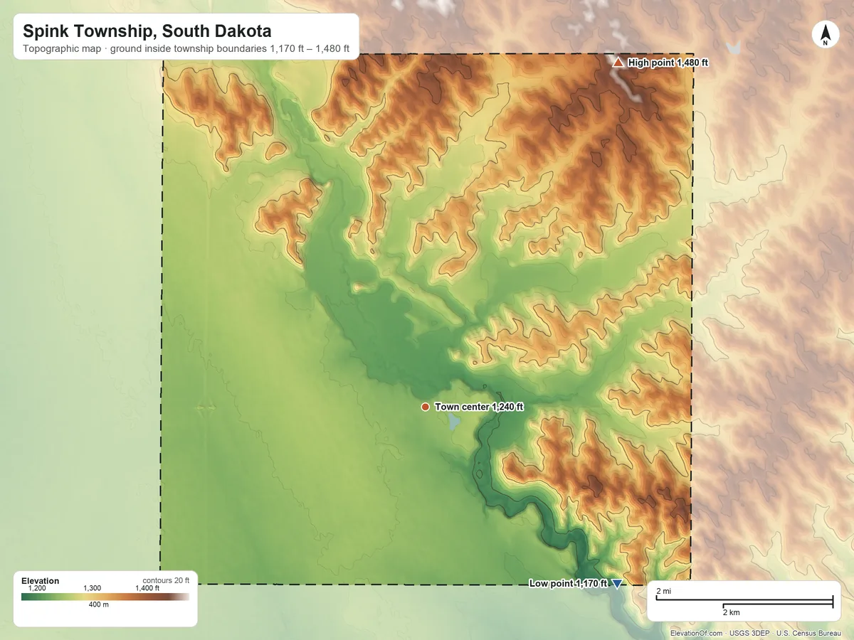 Topographic elevation map of Spink Township, South Dakota, shaded from 1,170 ft on the southeast side to 1,480 ft on the northeast side