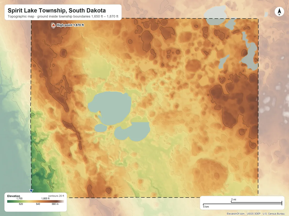 Topographic elevation map of Spirit Lake Township, South Dakota, shaded from 1,650 ft on the southwest side to 1,870 ft on the northwest side