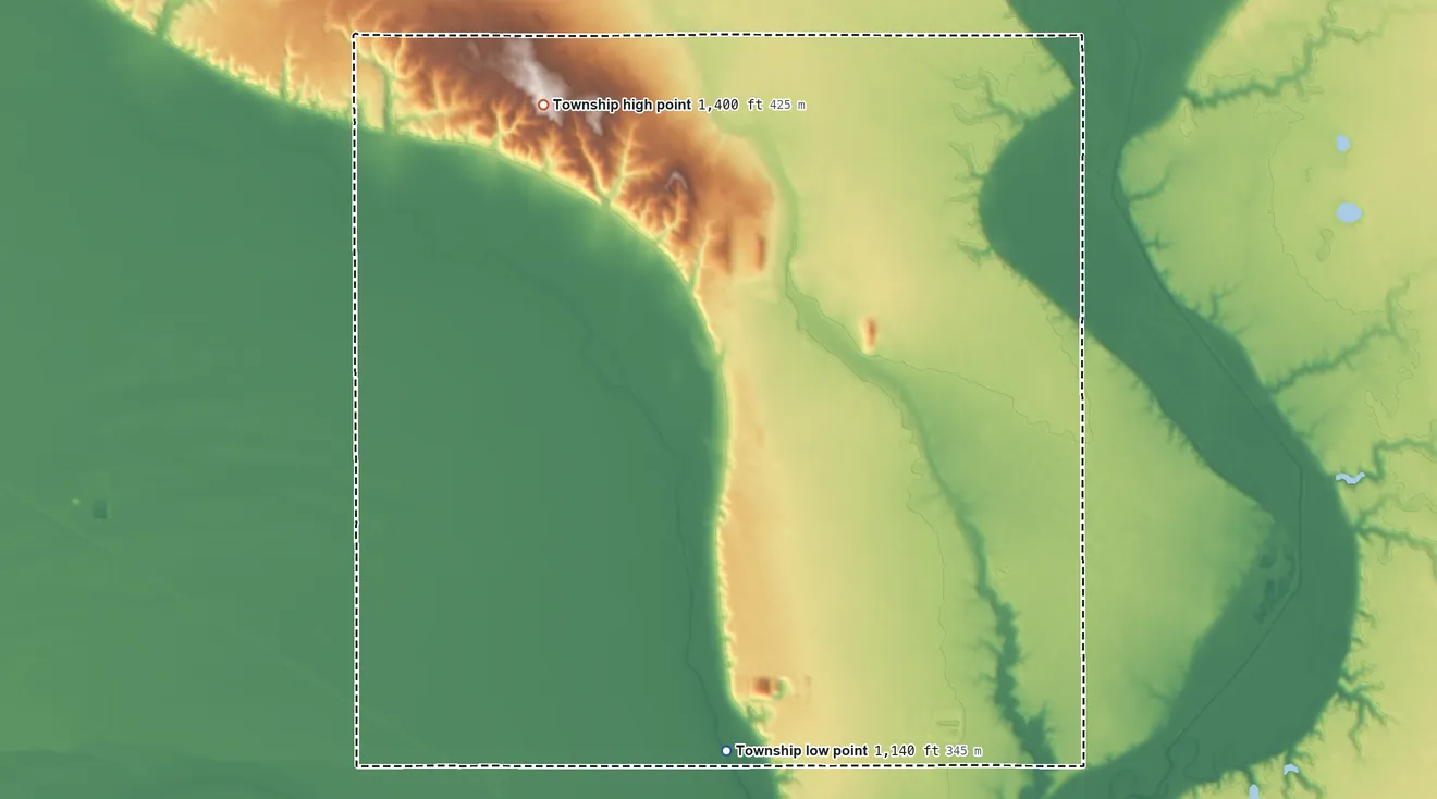 Topographic elevation map of Spirit Mound Township, South Dakota, shaded from 1,140 ft on the south side to 1,400 ft on the northwest side