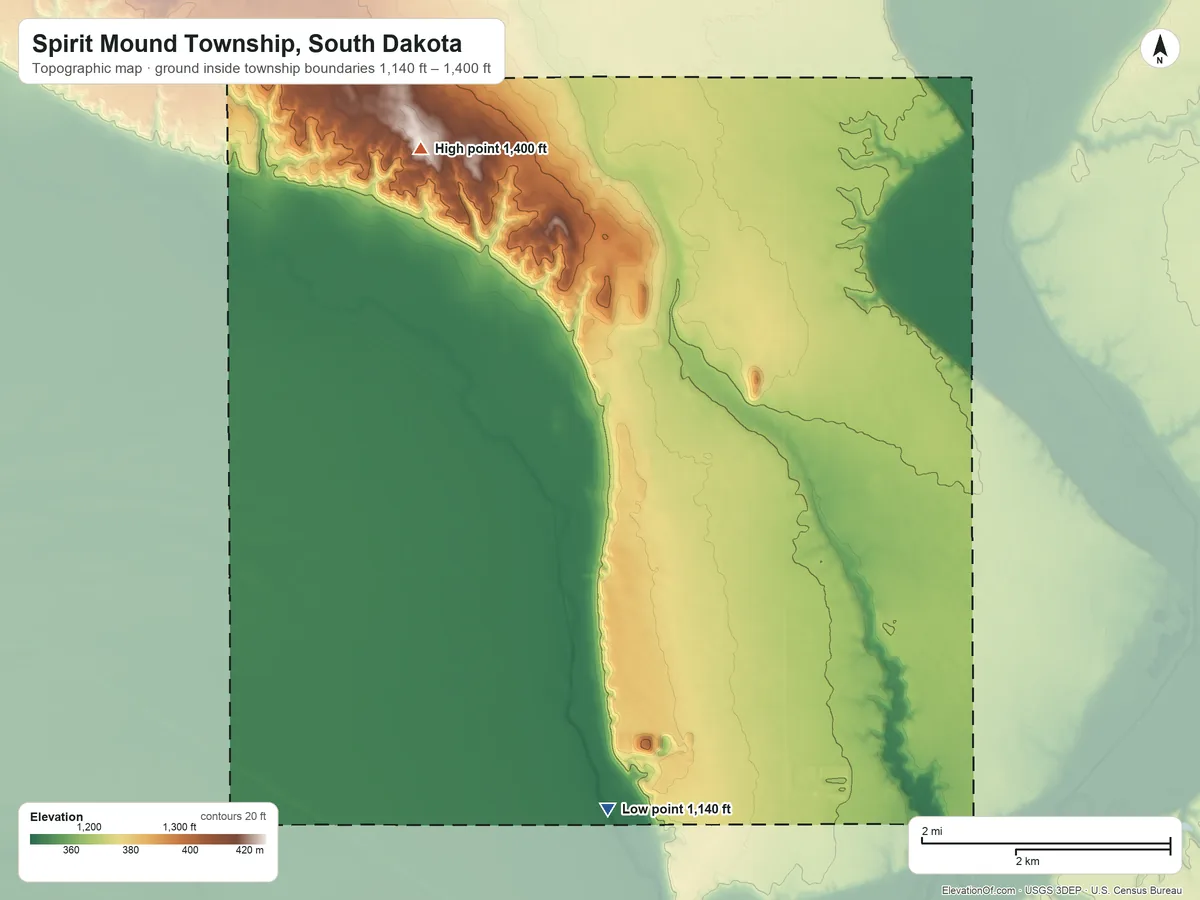 Topographic elevation map of Spirit Mound Township, South Dakota, shaded from 1,140 ft on the south side to 1,400 ft on the northwest side