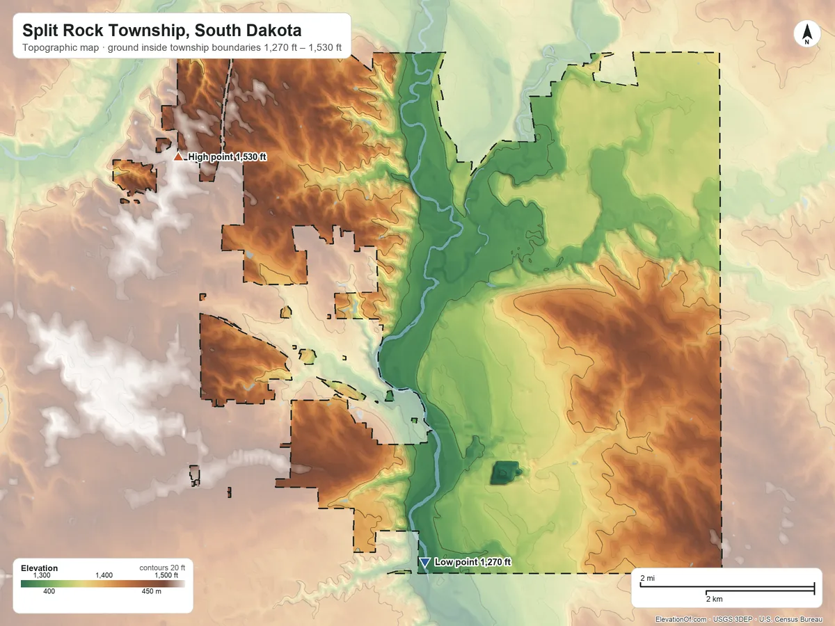 Topographic elevation map of Split Rock Township, South Dakota, shaded from 1,270 ft on the south side to 1,530 ft on the northwest side