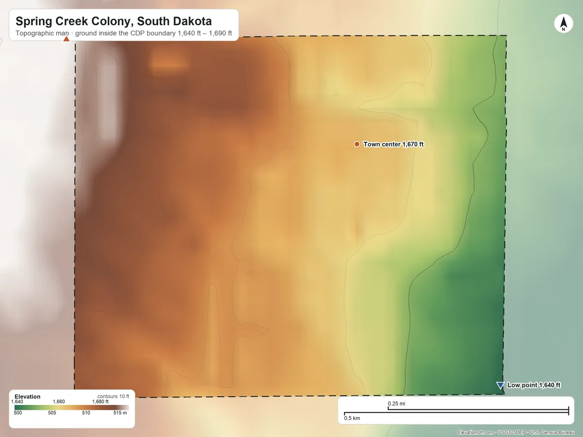 Topographic elevation map of Spring Creek Colony, South Dakota, shaded from 1,640 ft on the southeast side to 1,690 ft on the west side