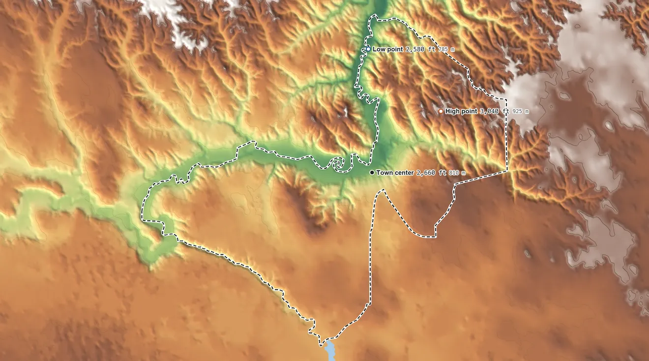 Topographic elevation map of Spring Creek, South Dakota, shaded from 2,580 ft on the north side to 3,040 ft on the northeast side