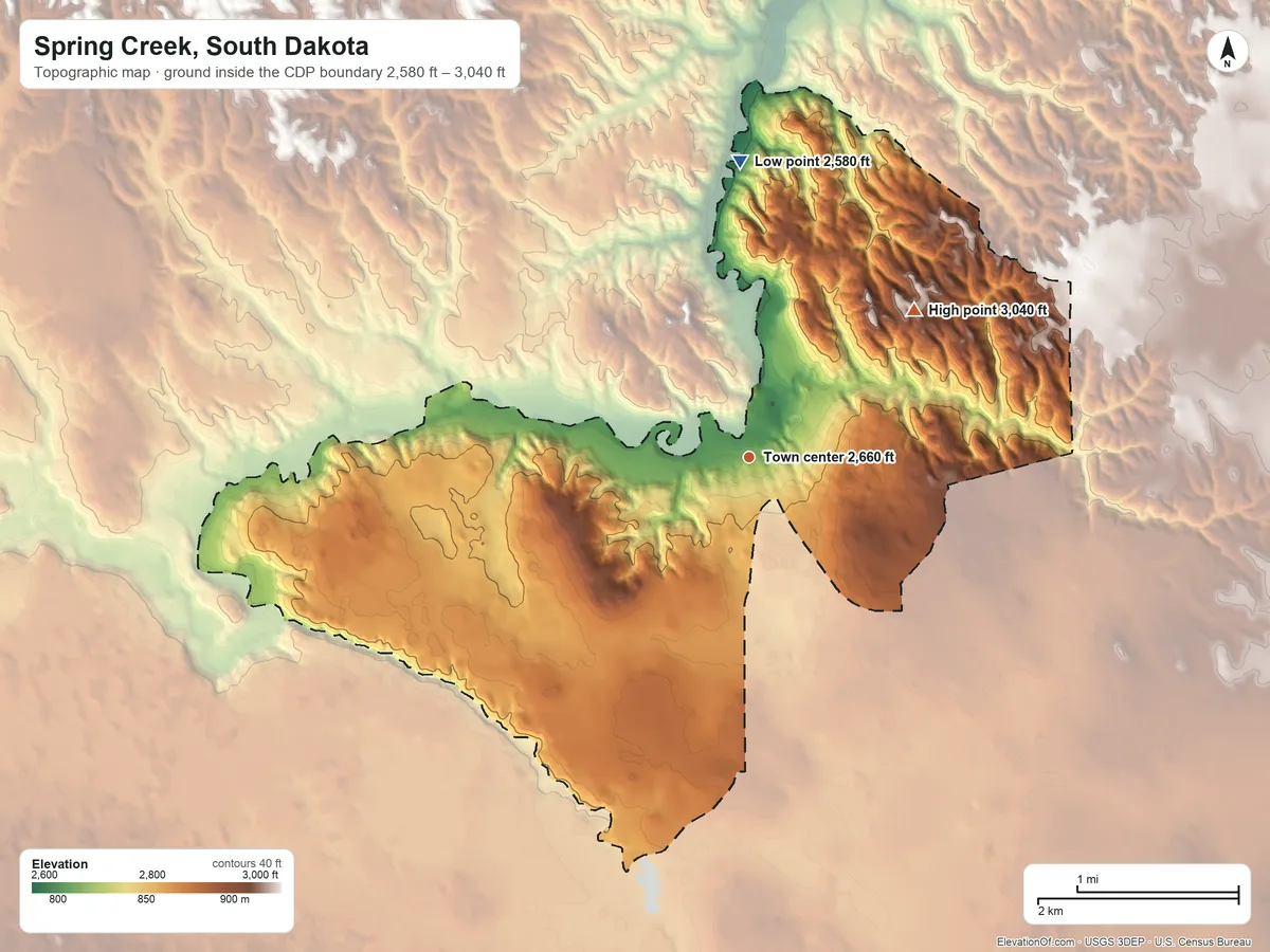 Topographic elevation map of Spring Creek, South Dakota, shaded from 2,580 ft on the north side to 3,040 ft on the northeast side