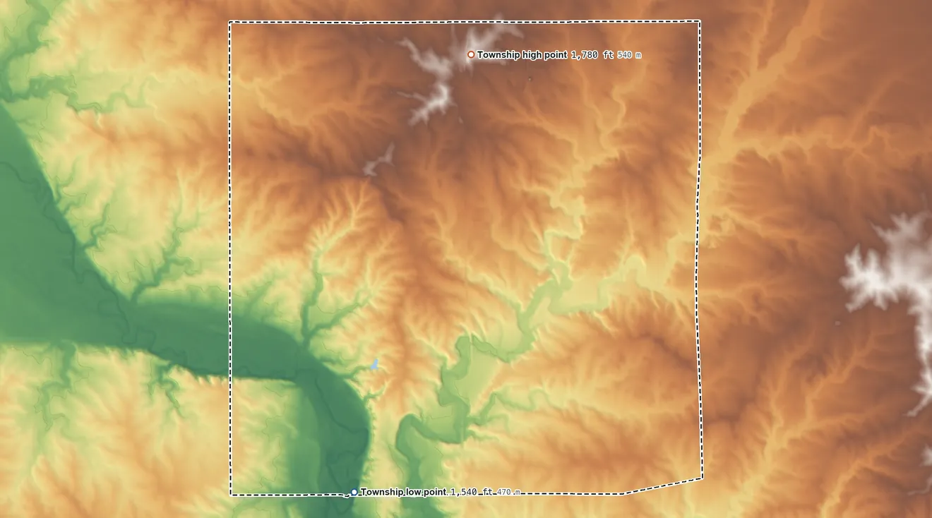 Topographic elevation map of Spring Creek Township, South Dakota, shaded from 1,540 ft on the south side to 1,780 ft on the north side