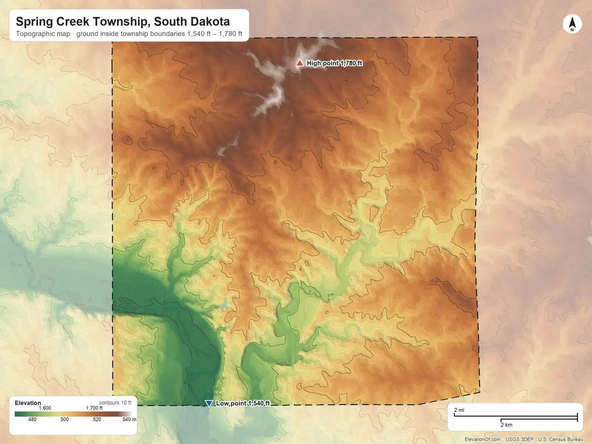 Topographic elevation map of Spring Creek Township, South Dakota, shaded from 1,540 ft on the south side to 1,780 ft on the north side