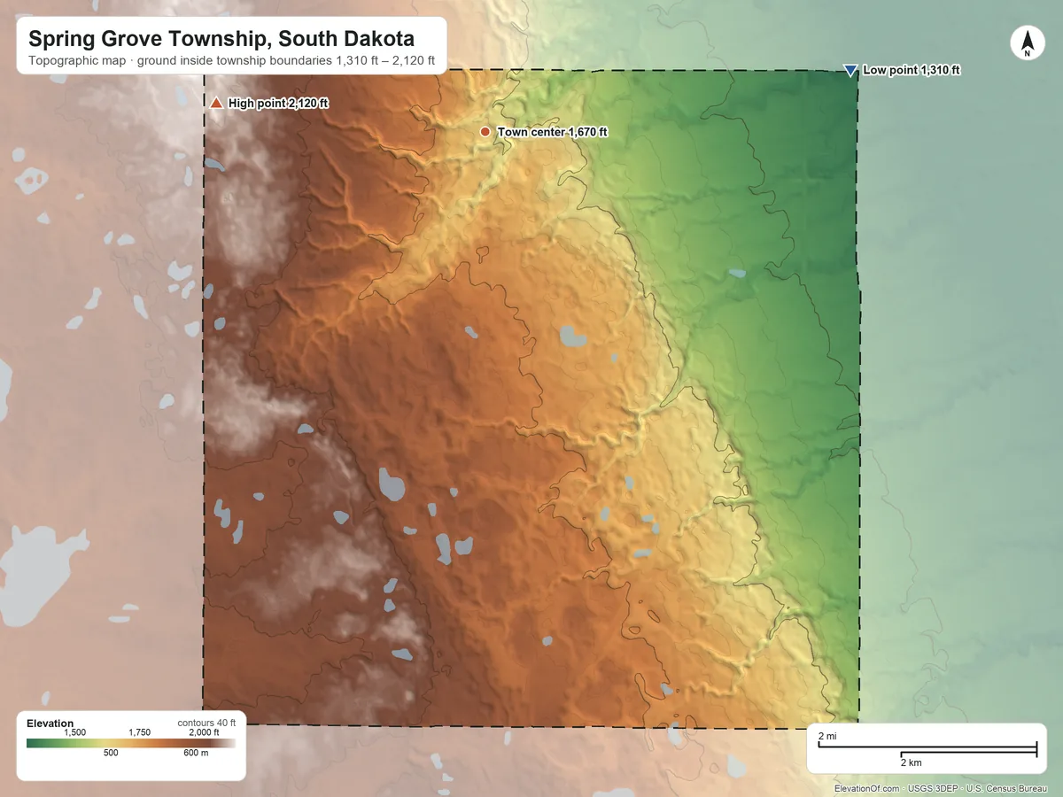 Topographic elevation map of Spring Grove Township, South Dakota, shaded from 1,310 ft on the east side to 2,120 ft on the west side