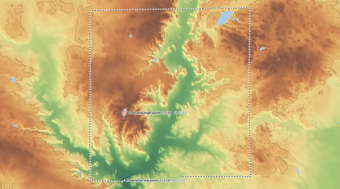 Topographic elevation map of Spring Hill Township, South Dakota, shaded from 1,820 ft on the southwest side to 2,200 ft on the west side