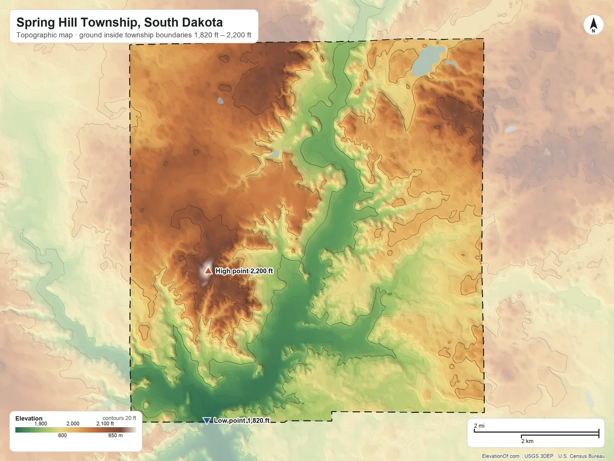 Topographic elevation map of Spring Hill Township, South Dakota, shaded from 1,820 ft on the southwest side to 2,200 ft on the west side
