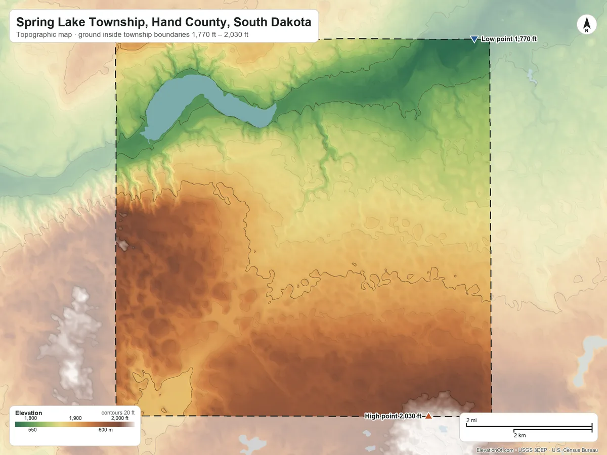 Topographic elevation map of Spring Lake Township, Hand County, South Dakota, shaded from 1,770 ft on the northeast side to 2,030 ft on the south side