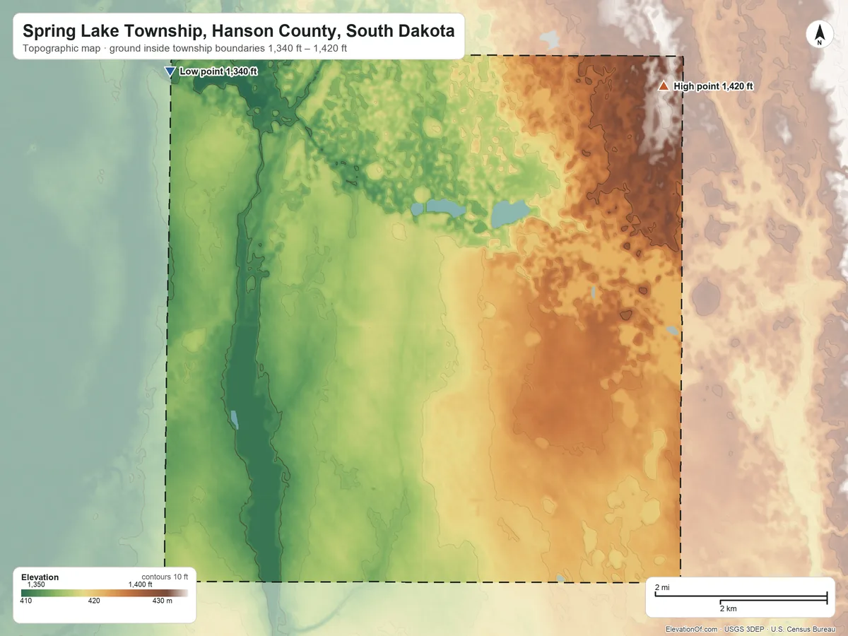 Topographic elevation map of Spring Lake Township, Hanson County, South Dakota, shaded from 1,340 ft on the northwest side to 1,420 ft on the northeast side