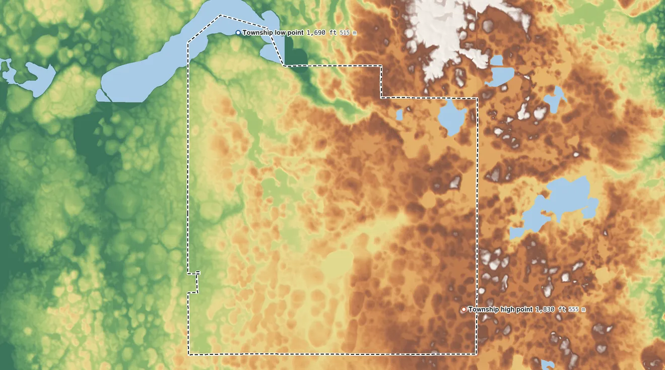 Topographic elevation map of Spring Lake Township, South Dakota, shaded from 1,690 ft on the northwest side to 1,830 ft on the southeast side