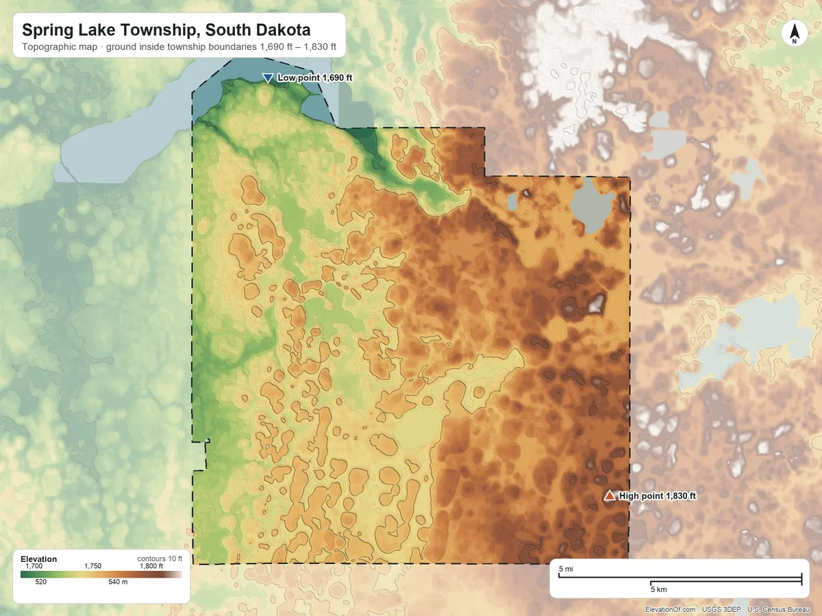 Topographic elevation map of Spring Lake Township, South Dakota, shaded from 1,690 ft on the northwest side to 1,830 ft on the southeast side