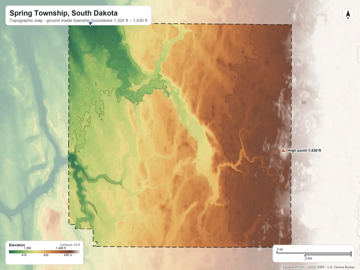 Topographic elevation map of Spring Township, South Dakota, shaded from 1,320 ft on the north side to 1,430 ft on the northeast side
